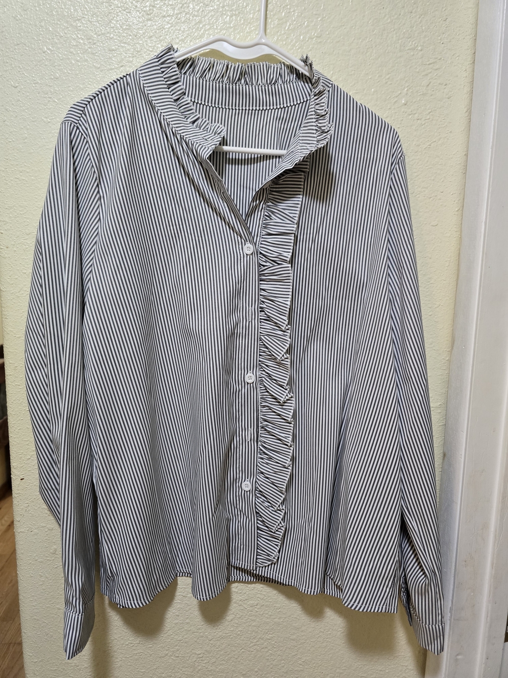 Striped Ruffle-Front Women’s Shirt - Black & White